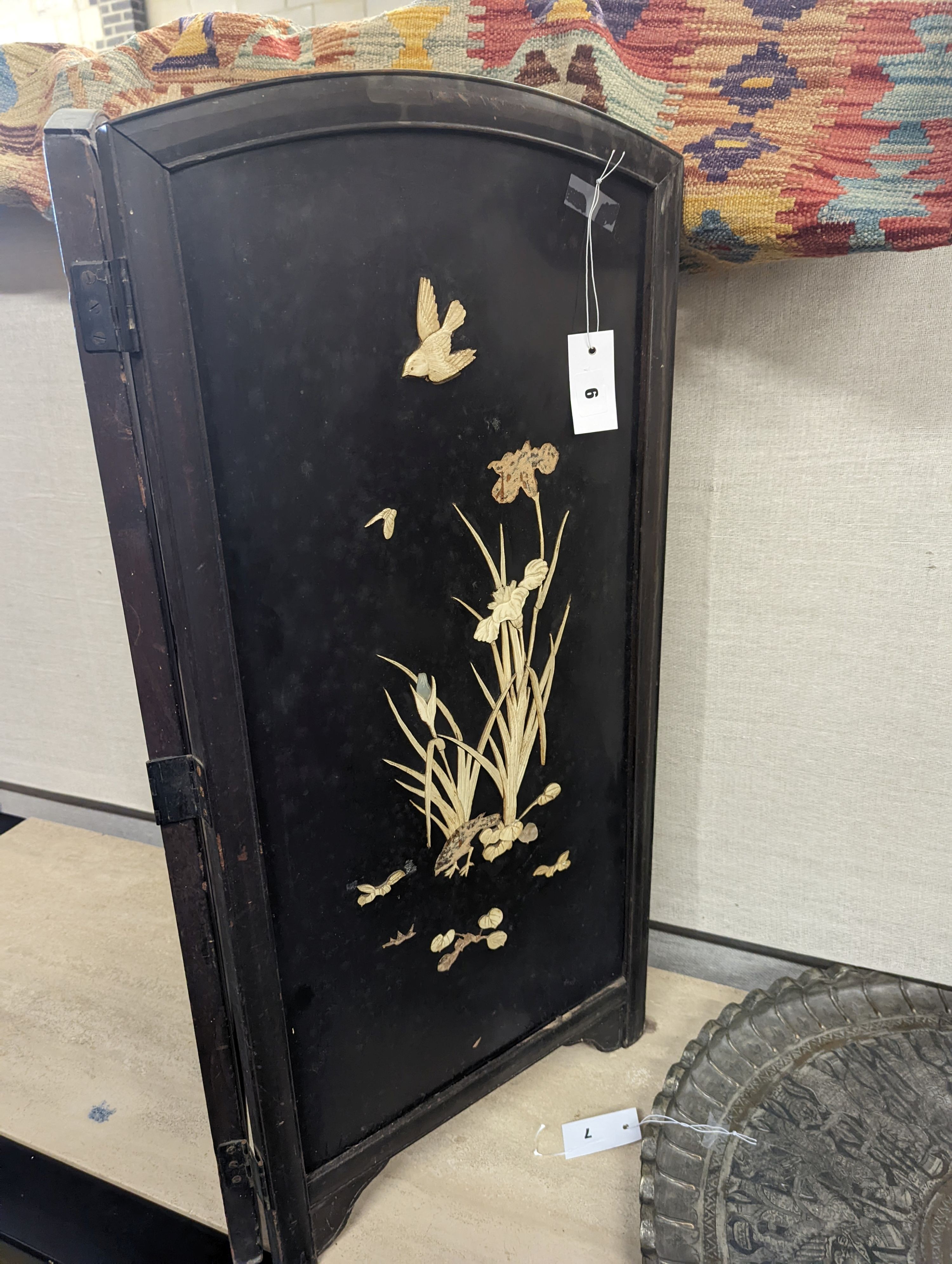 An early 20th century Shibayama type bone mounted lacquer two fold table screen, each panel width 41cm, height 85cm